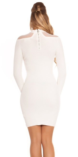 geribde gebreide jurk met gaasstof wit